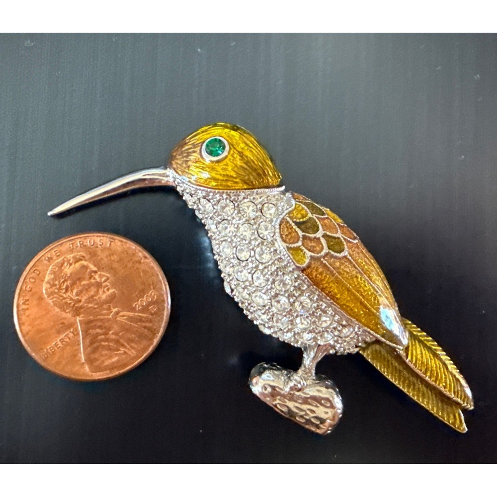Vintage Rhinestone & enamel Hummingbird Brooch Pin‎ Green head & wings